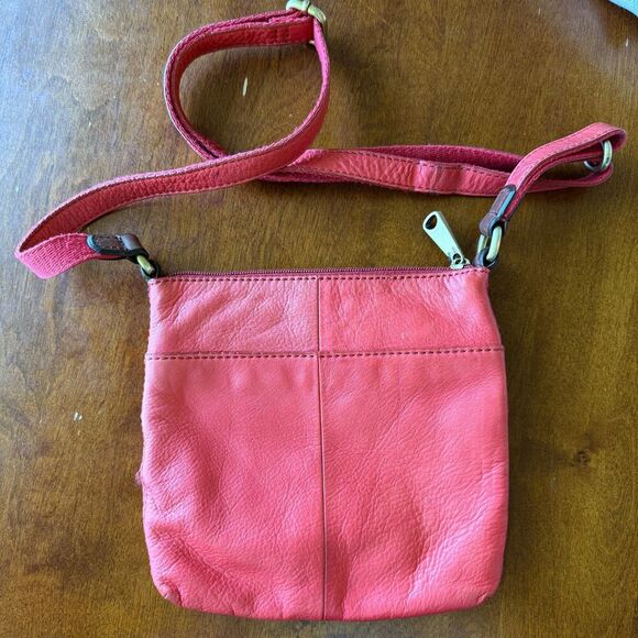 Fossil Coral Orange 100% Cow Hide Leather Square Crossbody Zipper Top Purse Bag - Picture 2 of 9